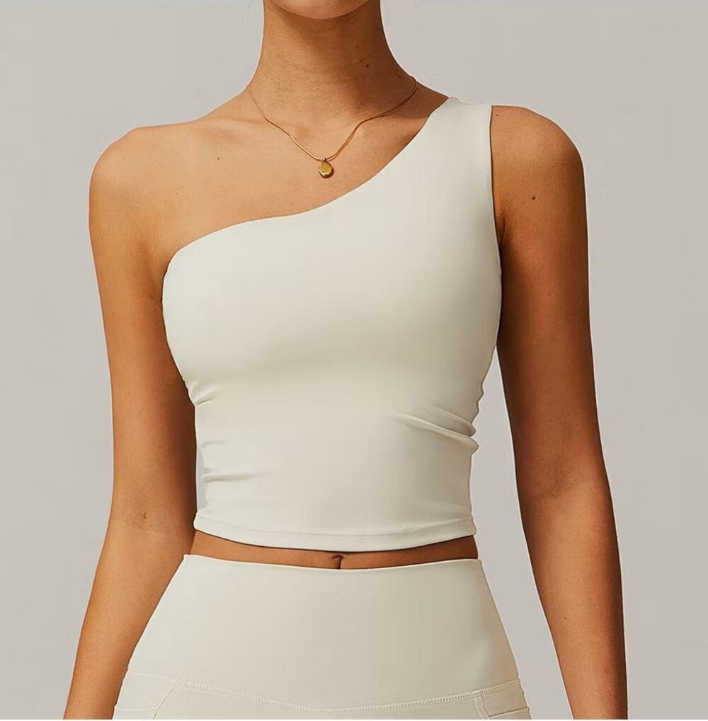 Attraco Womens NWT One Shoulder Cropped Tank Yoga Tops Beige